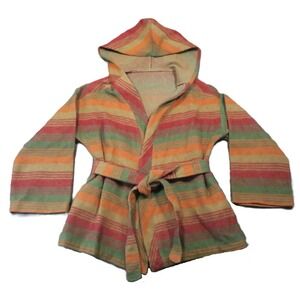 Striped Wool Hooded Cardigan M/L Multicolor Belted Southwestern Boho Indie 90s